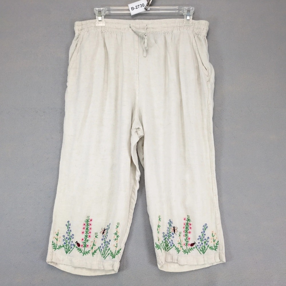 Vintage Y2K Fashion Bug Beige Floral Embroidered Capri Pants Womens 14/16 Garden